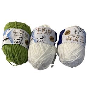 3PCS Milk Cotton Yarn,2 White/1 Apple Green Ply Acrylic Yarn 48 Grams Each New